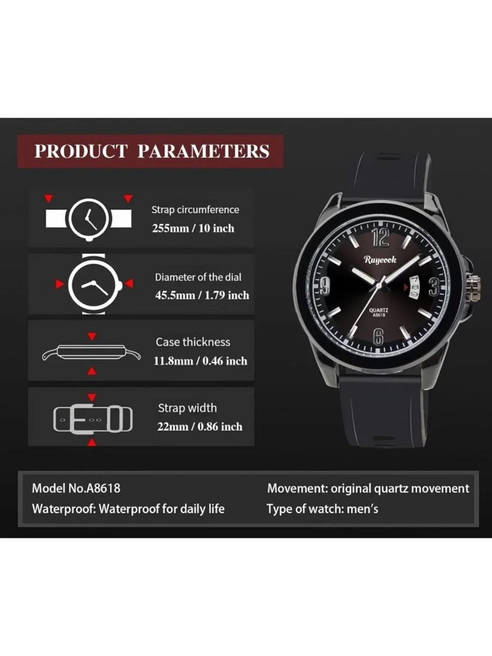 Men's Black Analog Quartz Rubber Silicone Band Waterproof Stylish Wrist Watch